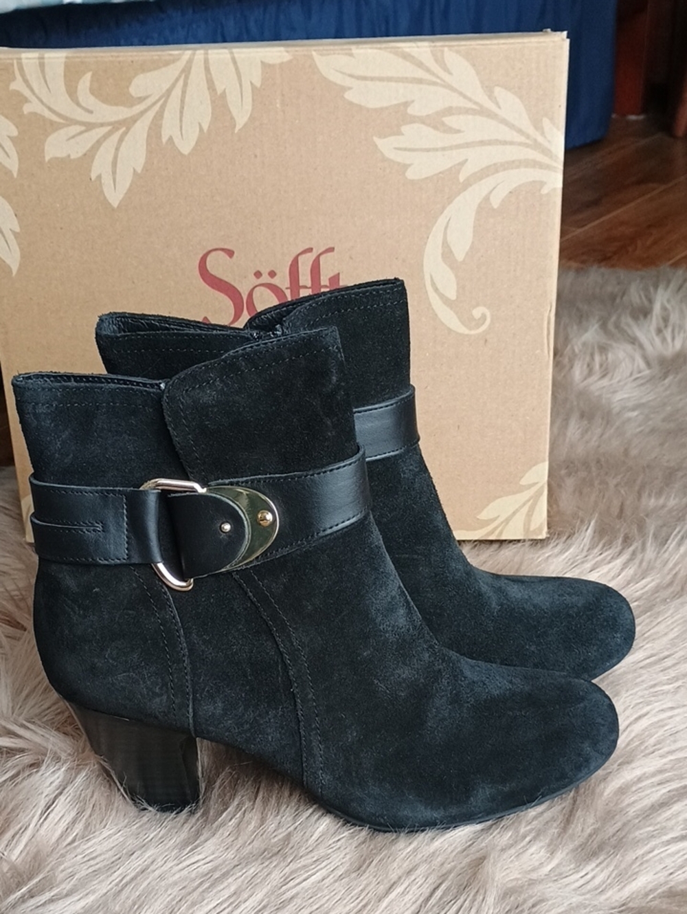 Sofft Black Genuine Suede Ankle Boots with Faux Buckle Strap